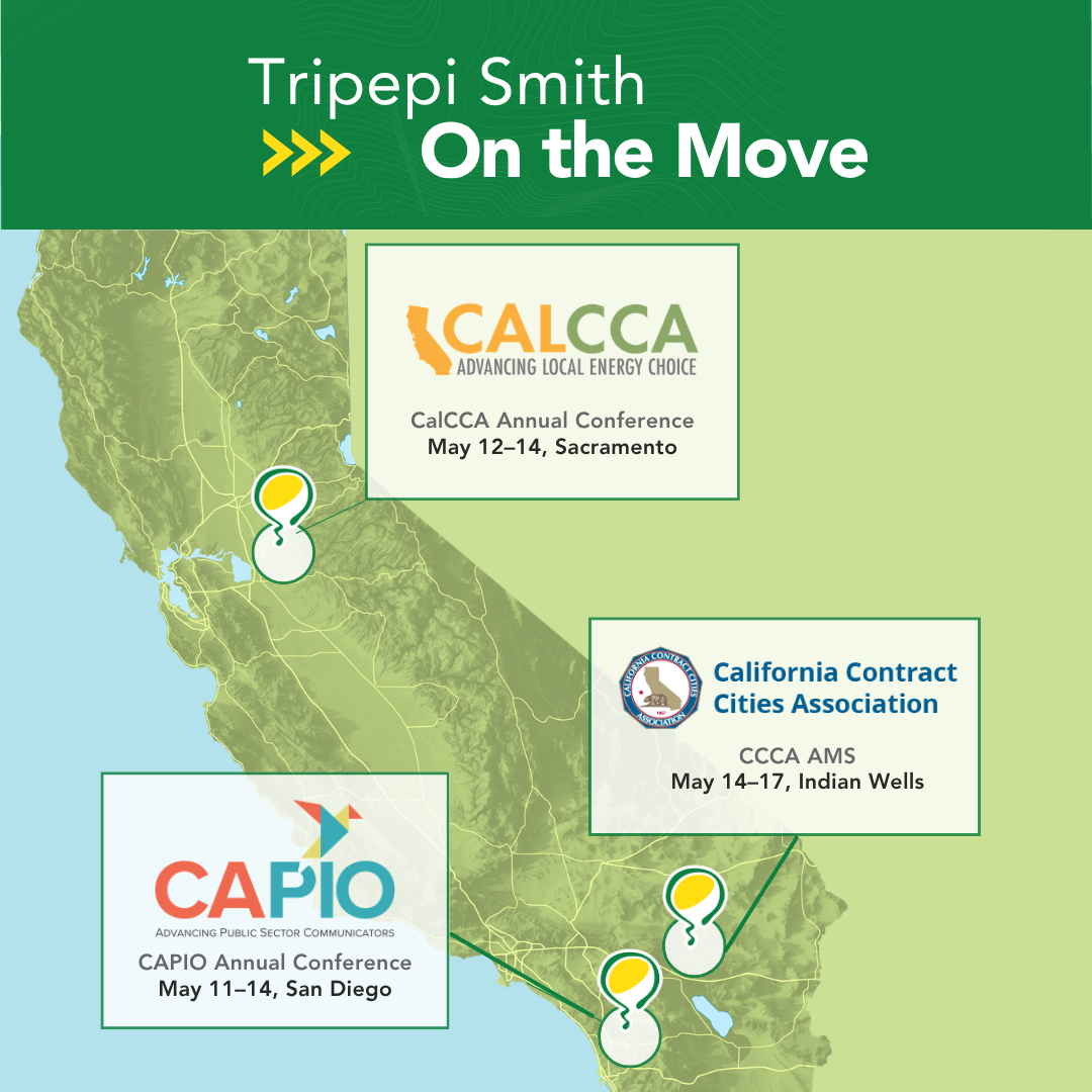 Tripepi Smith On the Move Graphic. Map of California and the 3 conferences TS will be at in one week