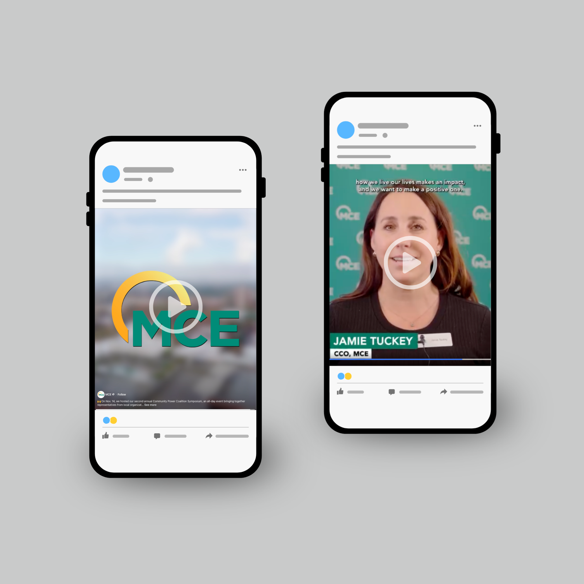 Social media video post mockups on smartphone screens.
